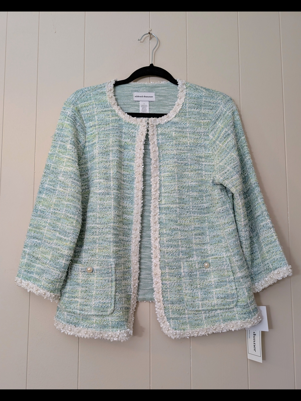 Alfred Dunner Pastel Green Tweed Pearl Trim Jacket. New With Tags.